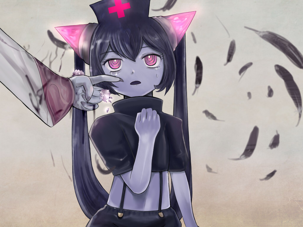 2girls black_feathers black_hair chrome_(mon-musu_quest!) colored_skin cross crying demon_girl feathers horns la_croix mon-musu_quest! multiple_girls pink_eyes pink_horns purple_skin red_cross ringed_eyes siblings simple_background sisters solo_focus tears un_do