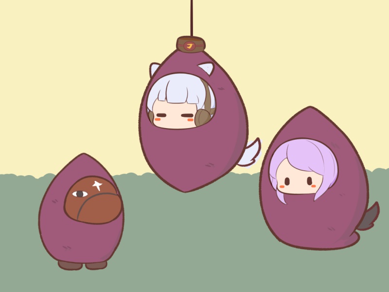 2girls animal animal_ears blush_stickers brown_background brown_hat closed_eyes ear_covers gintama gold_ship_(umamusume) gomashio_(goma_feet) grey_hair hat horse horse_ears horse_girl horse_tail just_a_way_(racehorse) justaway mejiro_mcqueen_(umamusume) mini_hat multiple_girls purple_hair sweet_potato_costume tail umamusume |_|