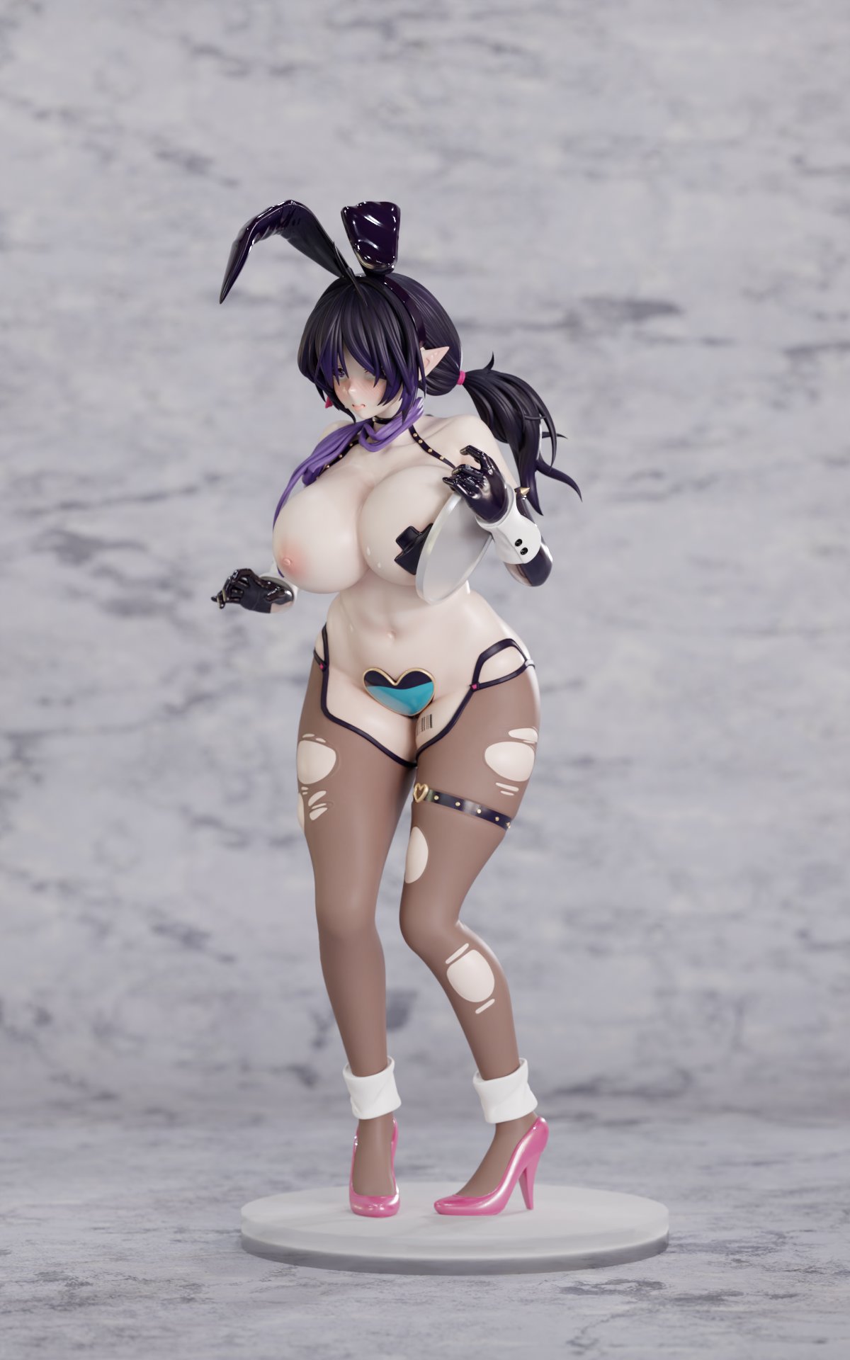 1girl 3d ahegao animal_ears barcode barcode_tattoo black_gloves blush breasts breasts_squeezed_together brown_dust_(series) brown_dust_2 cleavage elbow_gloves fake_animal_ears female_orgasm figure full_body gloves hair_between_eyes heart_maebari high_heels highres holding holding_tray huge_breasts illlrabbit large_variant_set latex latex_gloves leg_tattoo loen_(brown_dust_2) loen_(celebrity_bunny)_(brown_dust_2) looking_ahead maebari navel nipples orgasm pantyhose pink_shoes purple_eyes purple_hair rabbit_ears shoes short_twintails solo stiletto_heels stomach tattoo thigh_strap torn_clothes torn_pantyhose tray twintails variant_set