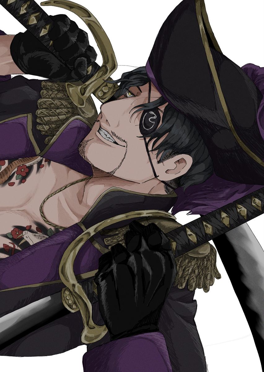 1boy black_hair chest_tattoo epaulettes eyepatch facial_hair gloves goatee grin hat highres majima_goro male_focus pirate_hat ryuu_ga_gotoku_(series) smile sword tattoo undercut wasadi weapon white_background yellow_eyes