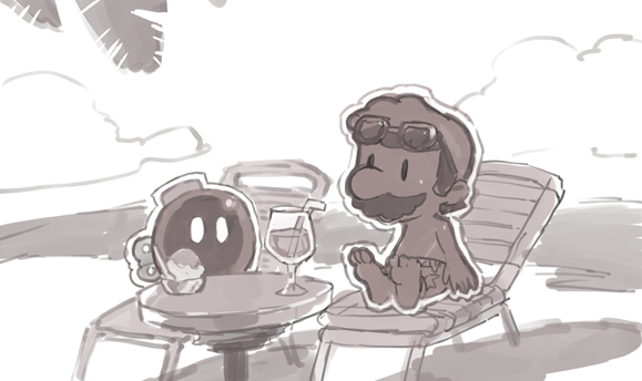 1boy alcohol barefoot beach beach_chair big_nose bobby_(paper_mario) bomb cloud cup day drinking_glass drinking_straw explosive eyewear_on_head facial_hair feet food full_body greyscale leaf_print looking_ahead male_focus male_swimwear mario mario_(series) monochrome mustache nintendo ocean on_chair outdoors outline palm_tree paper paper_mario paper_mario:_the_origami_king paper_mario_(character) rokuyontarou shadow shaved_ice shore short_hair sitting sky solid_oval_eyes spoon sunglasses swim_trunks toes topless_male tree white_outline winding_key wine wine_glass
