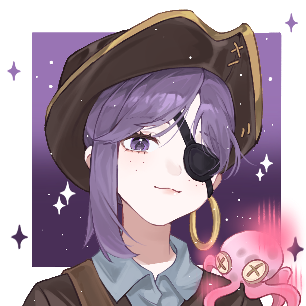 1girl :3 border brown_hat chilizi collared_shirt earrings emma_woods emma_woods_(pirate_shipwright) eyepatch freckles grey_shirt hat hoop_earrings identity_v jewelry octopus one_eye_covered outside_border portrait purple_background purple_eyes purple_hair shirt single_earring single_sidelock solo sparkle white_border