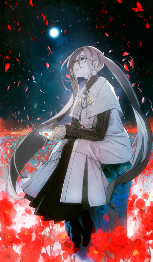 1girl akuta_hinako black-framed_eyewear black_boots black_skirt black_sweater book boots brown_hair coat commentary fate/grand_order fate_(series) field flower flower_field full_body glasses hair_between_eyes holding holding_book long_hair long_sleeves looking_up name_connection official_art open_book parted_lips petals poppy_(flower) red_flower red_petals sidelocks sitting skirt solo sweater third-party_source toi8 twintails very_long_hair white_coat wind wing_collar yu_mei-ren_(fate)