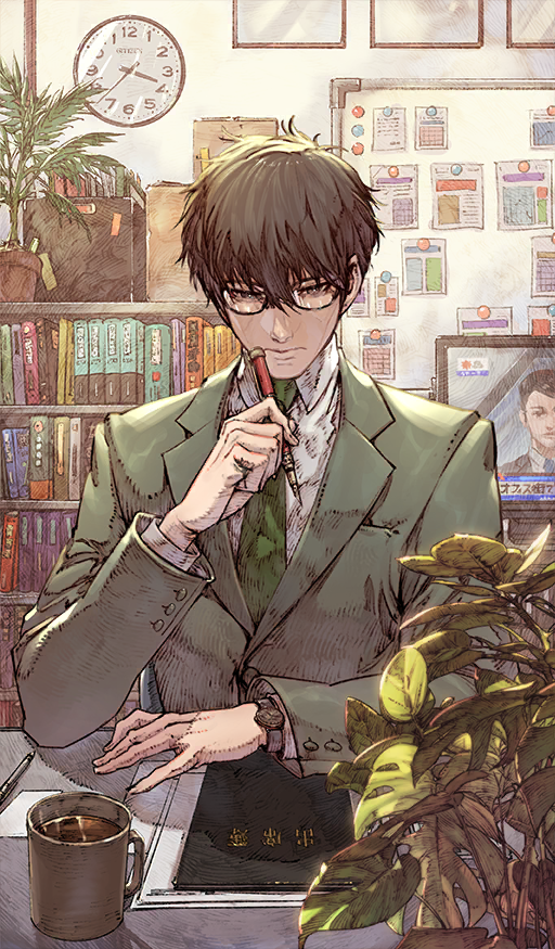 1boy absurdly_detailed_composition analog_clock black-framed_eyewear black_hair book bookshelf box cardboard_box clock closed_mouth collared_shirt commentary_request cup drink fate/grand_order fate/stay_night fate_(series) glasses green_jacket green_necktie holding holding_pen indoors jacket kazama_raita kuzuki_souichirou lapels loaded_interior long_sleeves looking_down male_focus mug necktie notched_lapels official_art paper pen pen_to_mouth plant potted_plant round_eyewear shirt short_hair sitting solo suit_jacket television thinking third-party_source upper_body wall_clock watch white_shirt whiteboard wing_collar wristwatch