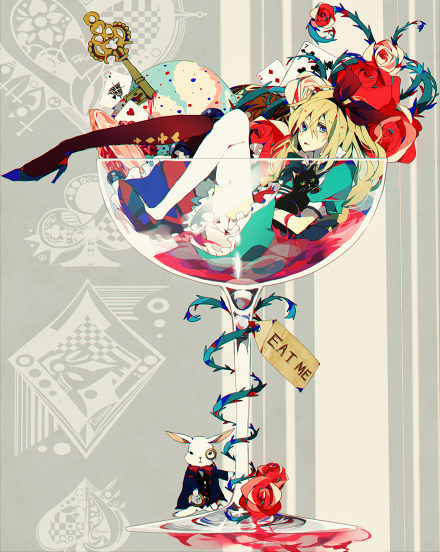 1girl alice_(alice_in_wonderland) alice&#039;s_adventures_in_wonderland black_cat blonde_hair blue_eyes cat clubs cup diamond_(shape) dress eat_me flower frills glass hair_ribbon heart in_container in_cup key long_hair looking_at_viewer lying original parted_lips ribbon rose sagatsu_(miicat) satsuki_(miicat) spade thighhighs white_rabbit_(alice_in_wonderland)