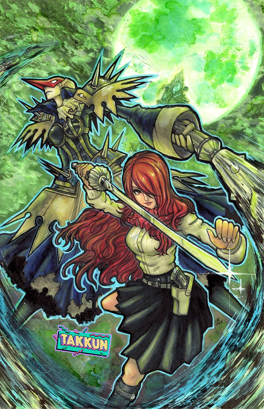 1girl artemisia_(megami_tensei) artist_name breasts evoker full_moon gekkoukan_high_school_uniform green_moon green_sky hair_over_one_eye highres kirijou_mitsuru long_hair looking_at_viewer marker_(medium) medium_breasts moon persona persona_3 rapier red_eyes red_hair school_uniform signature skirt sky smile solo sword takkun_(takkun_art) tartarus tower traditional_media weapon whip