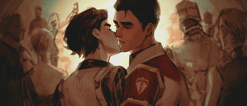 2boys adam&#039;s_apple arcane:_league_of_legends arcane_jayce black_shirt brown_hair closed_eyes collared_shirt couple hair_behind_ear half-closed_eyes imminent_kiss jacket jayce_(league_of_legends) league_of_legends looking_at_another male_focus multicolored_jacket multiple_boys parted_lips people pinstripe_pattern pinstripe_shirt shirt short_hair sideburns thick_eyebrows uatiorthnab vest viktor_(arcane) viktor_(league_of_legends) white_vest yaoi