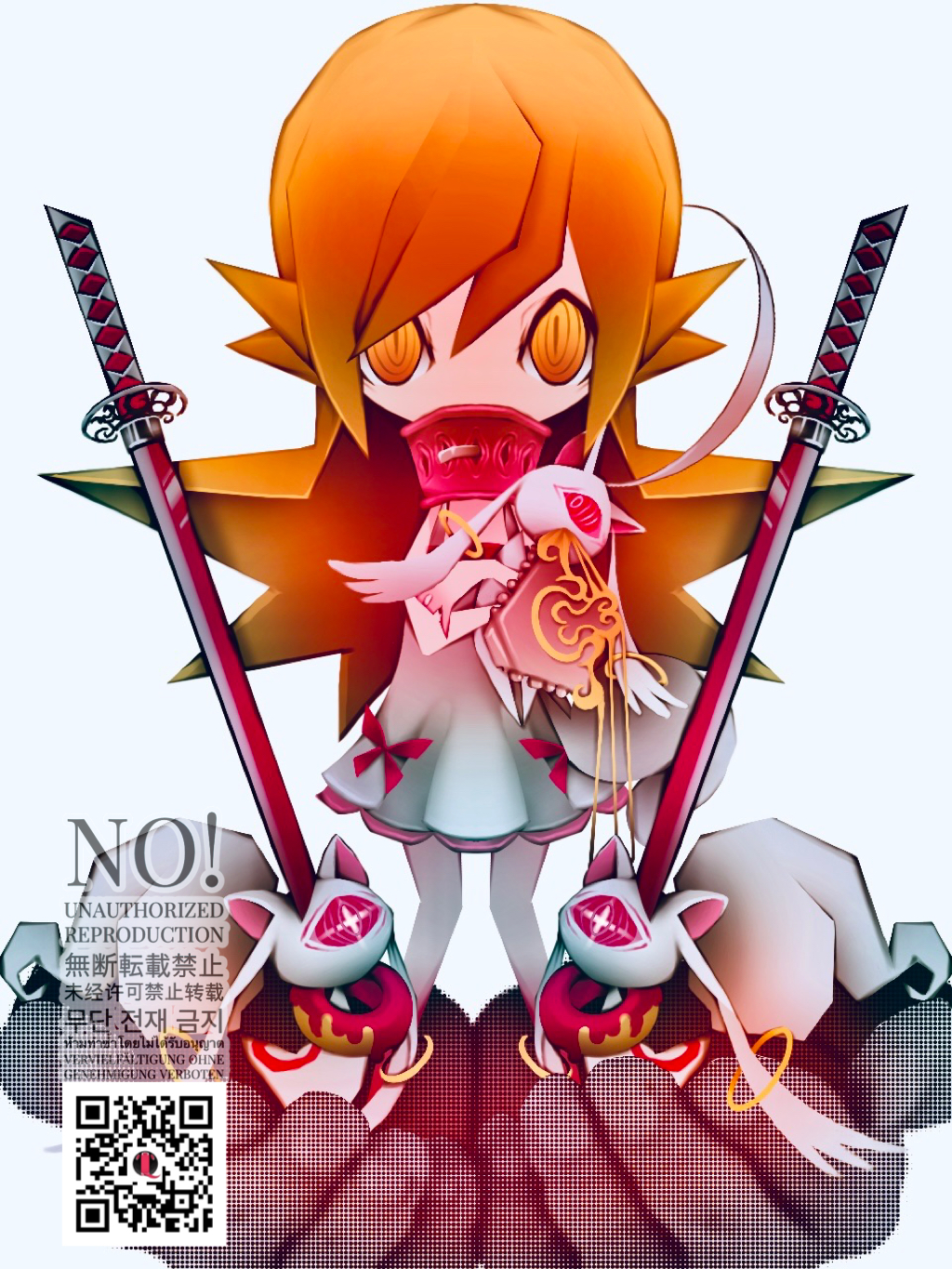 1girl abstract blonde_hair bow character_request check_character commentary dress full_body grey_background hair_between_eyes highres holding katana kyubey looking_at_viewer mahou_shoujo_madoka_magica monogatari_(series) oshino_shinobu q.ougi qr_code red_bow ringed_eyes short_dress sidelocks simple_background sleeveless sleeveless_dress solo_focus spiked_hair standing sword symbol-only_commentary ueda_hajime_(style) watermark weapon white_dress