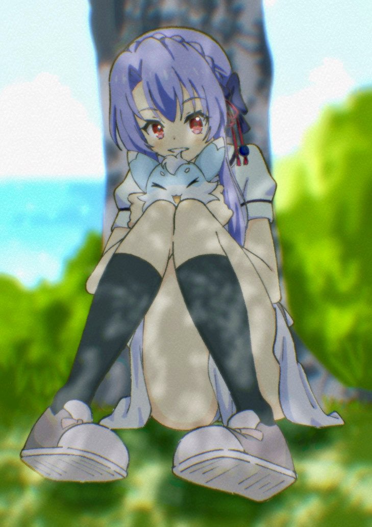 1girl arar0158 blue_hair blush bow day grass kneehighs looking_at_viewer outdoors red_eyes ribbon school_uniform shoes short_hair short_sleeves sitting skirt socks solo sorakado_ao