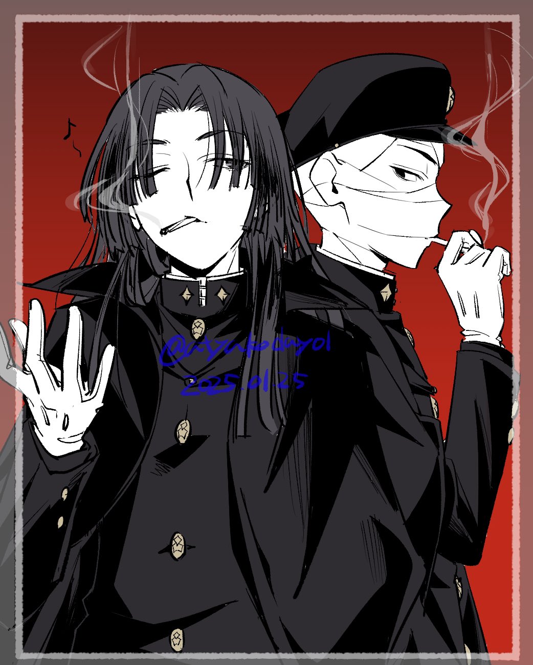 2boys atyakodayo1 bandaged_head bandages behind_another black_cape black_hair black_hat black_jacket border buttons cape cigarette covered_face curtained_hair gakuran gakuseibou geminism gloves gradient_background hand_up hat highres holding holding_cigarette jacket long_hair long_sleeves looking_at_another looking_to_the_side male_focus mouth_hold multiple_boys musical_note red_background school_uniform smoking transparent_border tsukishiro_tsukishiro upper_body whistling yamaga_awasumi