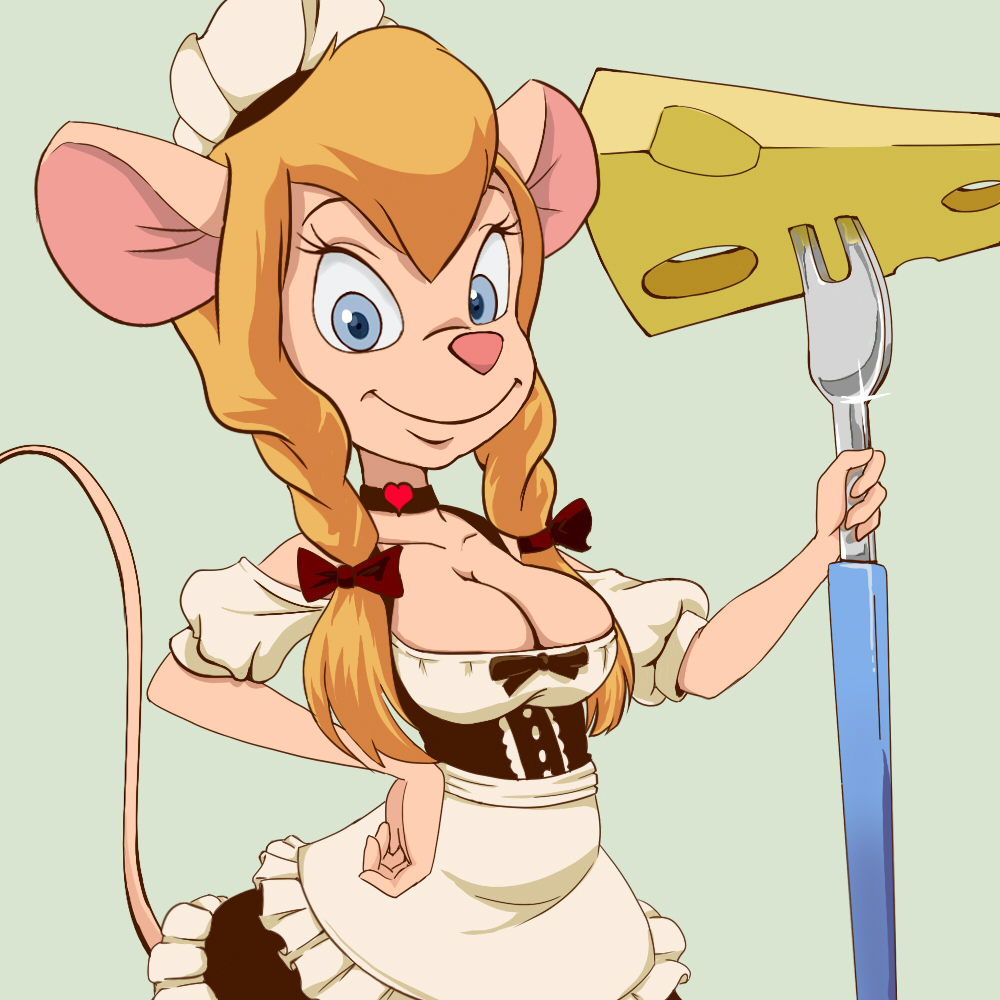 1girl alternate_costume animal_ears animal_nose apron black_bow black_choker black_dress blonde_hair blue_eyes bow breasts cheese chip_&#039;n_dale_rescue_rangers choker cleavage closed_mouth collarbone dress female_focus food fork frilled_apron frilled_dress frills furry furry_female gadget_hackwrench glint green_background hair_bow hand_on_own_hip hand_up happy heart heart_choker holding holding_fork long_hair looking_at_viewer maid maid_headdress medium_breasts mouse_ears mouse_girl mouse_tail off-shoulder_dress off_shoulder oira_wa_arumajiro puffy_short_sleeves puffy_sleeves raglan_sleeves short_sleeves sidelocks simple_background smile solo standing tail tail_raised upper_body waist_apron white_apron white_sleeves