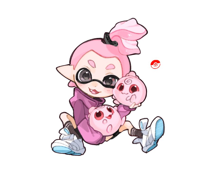 1boy black_eyes black_socks colored_skin creatures_(company) fang full_body game_freak gen_2_pokemon hair_tie igglybuff inkling inkling_boy inkling_player_character jacket long_sleeves multicolored_jacket nintendo open_mouth pink_hair pink_jacket pink_skin pointy_ears poke_ball_symbol pokemon pokemon_(creature) purple_jacket red_eyes shoes short_hair simple_background sitting sleeves_past_fingers sleeves_past_wrists smile socks spl8ya splatoon_(series) tentacle_hair thick_eyebrows two-tone_jacket white_background