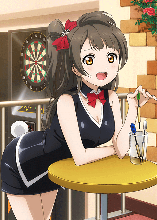 1girl arched_back bare_arms bare_shoulders black_collar black_leotard black_skirt blush bow bowtie breasts cleavage collar cowboy_shot cup dart dartboard detached_collar elbow_rest elbows_on_table fake_tail flower glass grey_hair hair_bow hand_up holding_dart indoors leotard long_hair looking_at_viewer love_live! love_live!_school_idol_festival love_live!_school_idol_project medium_breasts minami_kotori murota_yuuhei official_art one_side_up open_mouth pencil_skirt rabbit_tail raised_inner_eyebrows red_bow red_bowtie red_flower red_rose rose round_table skirt sleeveless solo table tail teeth three_quarter_view upper_teeth_only yellow_eyes