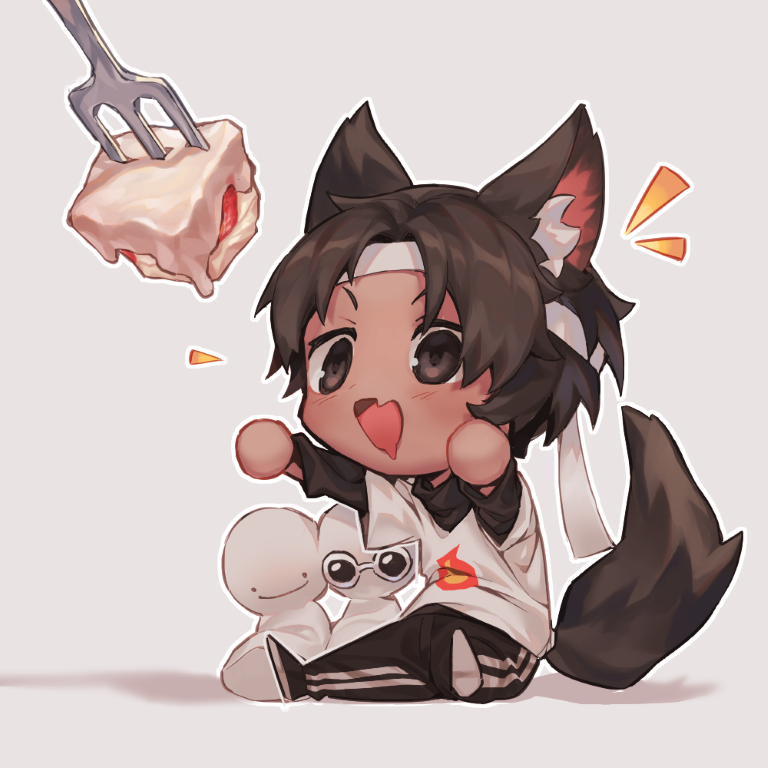 1boy :d ^^^ animal_ear_fluff animal_ears blush brown_eyes brown_hair cake character_doll chibi chibi_only commentary damelives dark-skinned_male dark_skin dream_(youtuber) dream_(youtuber)_(blob) dream_smp food fork full_body georgenotfound grey_background happy headband kemonomimi_mode long_sleeves male_focus minecraft_youtube mini_person miniboy open_mouth sapnap shirt short_hair simple_background sitting smile solo stuffed_toy tail tan wolf_boy wolf_ears wolf_tail