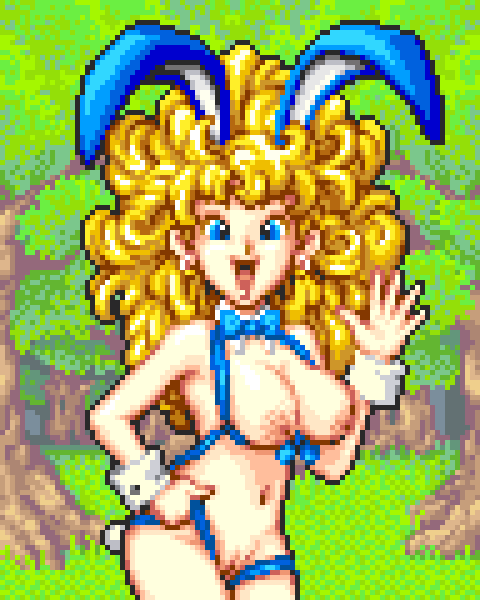 1girl animal_ears blonde_hair blue_bow blue_bowtie blue_eyes blue_ribbon bow bowtie breasts bunny_day curly_hair detached_collar dragon_quest dragon_quest_monsters dragon_quest_monsters:_caravan_heart earrings fake_animal_ears fake_tail forest grass jewelry large_breasts leotard long_hair looking_at_viewer lunlun_(dq_monsters) naked_ribbon nature navel nipples nude open_mouth pixel_art playboy_bunny pussy rabbit_ears rabbit_tail ribbon saiwai_hiroshi smile square_enix standing tail tree waving wrist_cuffs
