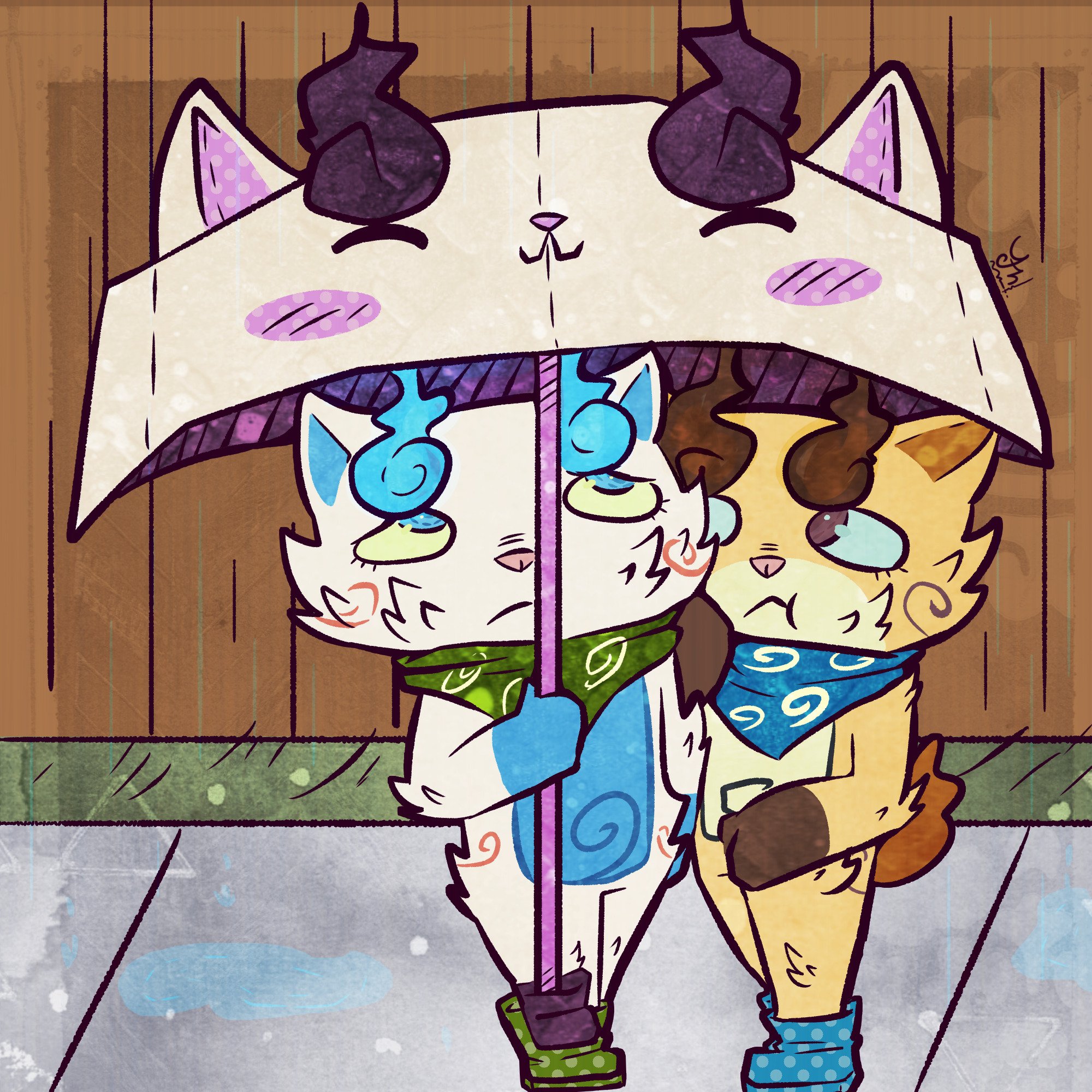 2boys blue_eyes brothers highres komajirou komakaachan komasan multiple_boys rain scarf siblings umbrella youkai_watch