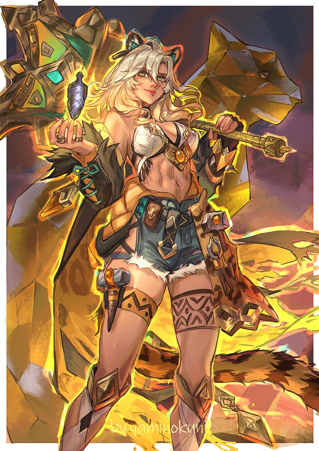 1girl alternate_design animal_ears artist_name bare_shoulders blonde_hair blue_shorts breasts breasts_apart commentary cutoffs english_commentary genshin_impact geo_symbol_(genshin_impact) green_eyes hair_between_eyes hands_up highres holding jaguar_ears jaguar_tail lips long_hair medium_breasts navel shorts solo stomach tail toned toned_female vision_(genshin_impact) xilonen_(genshin_impact) yaminokuni