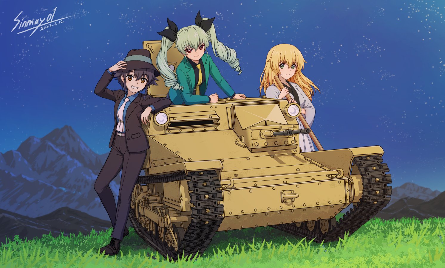 3girls anchovy_(girls_und_panzer) arsene_lupin_iii arsene_lupin_iii_(cosplay) black_footwear black_hair black_jacket black_pants black_ribbon black_shirt blonde_hair braid brown_eyes carpaccio_(girls_und_panzer) carro_veloce_cv-33 commentary_request commission cosplay dated drill_hair girls_und_panzer grass green_eyes green_hair green_jacket hair_ribbon hat holding holding_sword holding_weapon ishikawa_goemon_xiii ishikawa_goemon_xiii_(cosplay) jacket japanese_clothes jigen_daisuke jigen_daisuke_(cosplay) katana long_hair looking_at_viewer lupin_iii military military_vehicle motor_vehicle multiple_girls necktie night pants pepperoni_(girls_und_panzer) pink_necktie red_eyes ribbon sheath sheathed shinmai_(kyata) shirt short_hair side_braid signature skeb_commission smile sword tank twin_drills twintails vehicle_focus weapon yellow_necktie