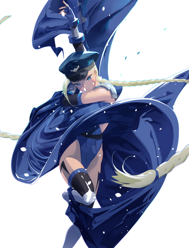 1girl antenna_hair armor blonde_hair blue_eyes braid cammy_white cape closed_mouth cofffee cosplay elbow_gloves fingerless_gloves gloves hat highleg highleg_leotard leotard long_braid long_hair looking_at_viewer m._bison m._bison_(cosplay) pauldrons peaked_cap scar shoulder_armor simple_background solo street_fighter thighhighs thong_leotard twin_braids very_long_hair white_background