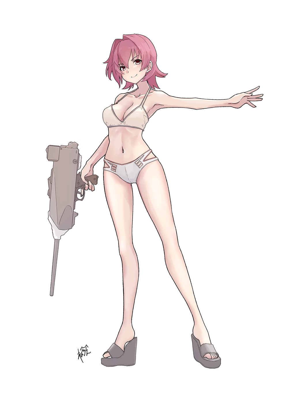 1girl adapted_turret bikini breasts highres kantai_collection kinu_(kancolle) medium_breasts navel neve_(morris-minicooper) platform_sandals purple_eyes purple_hair sandals short_hair solo standing swimsuit white_background white_bikini