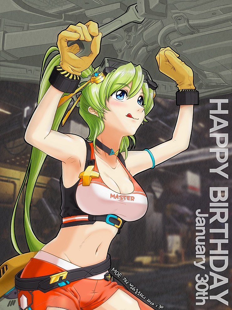 :q armpits arms_up artist_name banghwadongjopidi belt black_belt black_choker blue_eyes breasts character_name choker cleavage closed_mouth clothes_writing clothing_cutout collarbone commentary copyright_name dated english_text gear_hair_ornament gloves green_hair groin hangar happy_birthday high_ponytail holding holding_wrench jeanie_(master_of_eternity) korean_commentary long_hair machinery master_of_eternity mechanic medium_breasts midriff navel orange_pants pants ponytail safety_glasses sports_bra squatting thigh_cutout tongue tongue_out very_long_hair wrench yellow_gloves