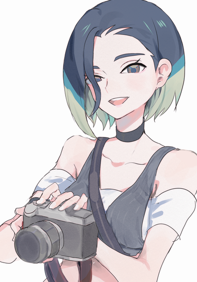 1girl :d bare_shoulders black_choker brown_eyes camera choker collarbone commentary_request crop_top eyelashes grey_vest hair_over_one_eye holding holding_camera loose_hair_strand mxkjxm_(nhss2337) nintendo off-shoulder_shirt off_shoulder open_mouth perrin_(pokemon) pokemon pokemon_sv shirt simple_background smile solo teeth upper_teeth_only vest white_background white_shirt