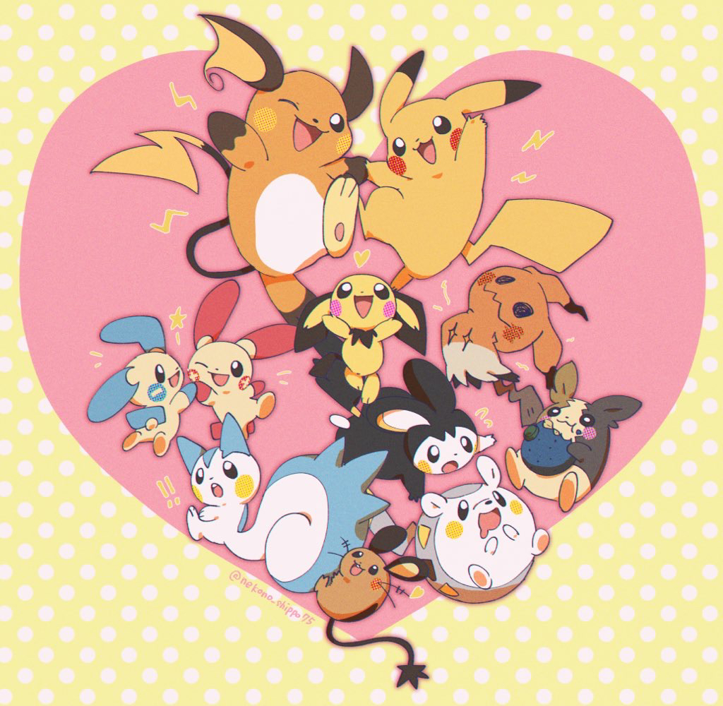 berry_(pokemon) black_eyes bright_pupils dedenne drooling eating electricity emolga evolutionary_line full_body gen_1_pokemon gen_2_pokemon gen_3_pokemon gen_4_pokemon gen_5_pokemon gen_6_pokemon gen_7_pokemon gen_8_pokemon mimikyu minun morpeko morpeko_(full) nako_(nekono_shippo75) nintendo no_humans one_eye_closed open_mouth oran_berry pachirisu pichu pikachu plusle pokemon pokemon_(creature) raichu smile tail togedemaru white_pupils