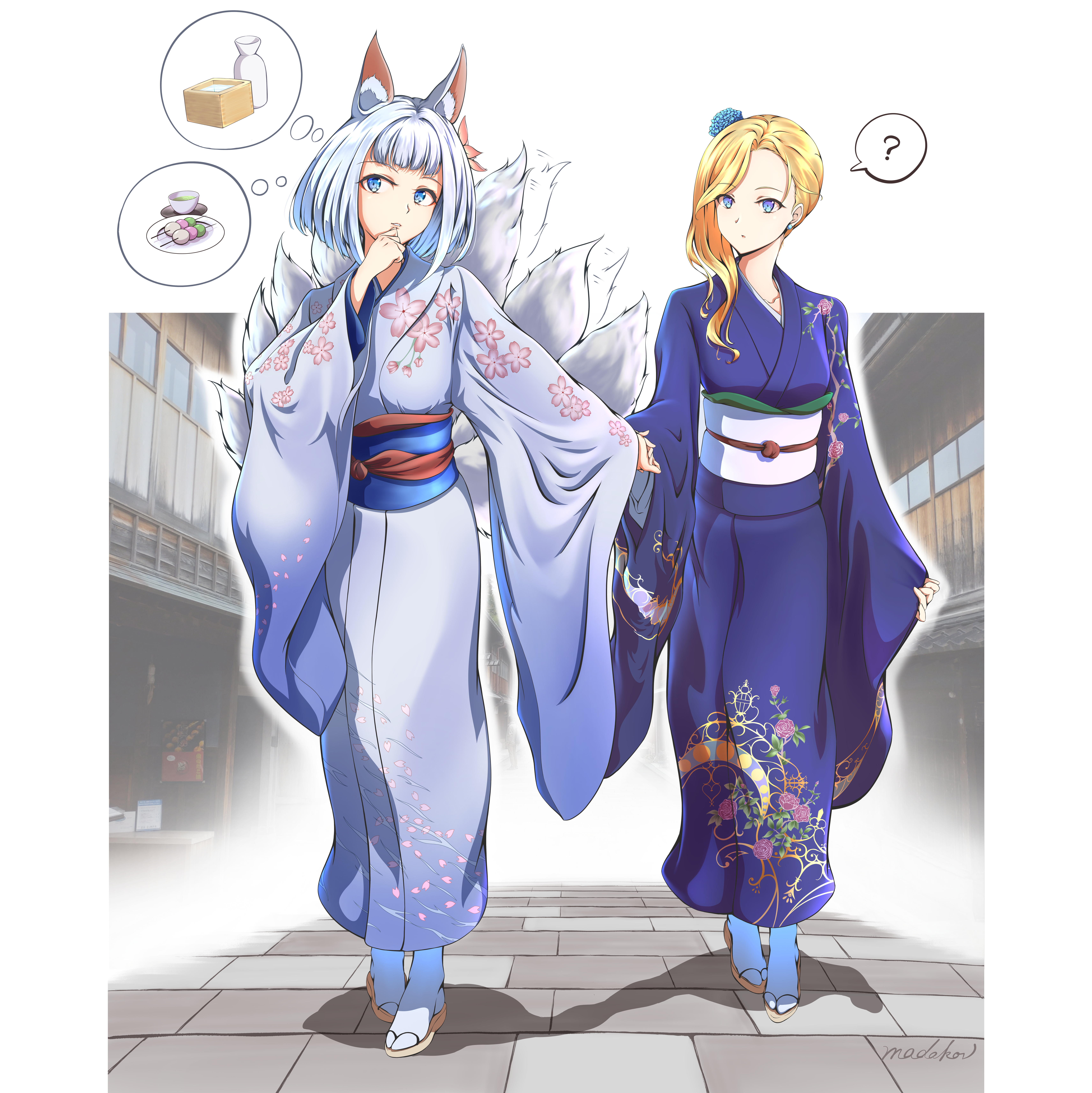 2girls ? absurdres alcohol animal_ear_fluff animal_ears architecture artist_name azur_lane blonde_hair blue_eyes blue_kimono city commentary_request dango east_asian_architecture food fox_ears fox_tail full_body geta green_tea highres hood_(azur_lane) hood_(porcelain_grace)_(azur_lane) japanese_clothes kaga_(azur_lane) kaga_(gentle_blossom's_sigh)_(azur_lane) kimono kitsune kyuubi long_sleeves looking_at_another madakov_kodima multiple_girls multiple_tails obi obiage obijime official_alternate_costume pigeon-toed sake sash short_hair signature silver_hair speech_bubble spoken_question_mark swept_bangs tabi tail tea thinking thought_bubble wagashi walking wide_sleeves