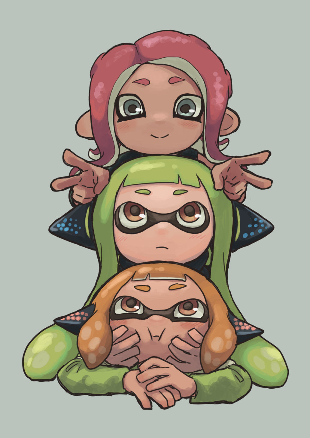 3girls agent_3_(splatoon) agent_4_(splatoon) agent_8_(splatoon) behind-the-head_headphones black_jacket black_shirt blush cheek_squash closed_mouth commentary_request dark-skinned_female dark_skin double_v green_hair green_jacket grey_background grey_eyes hands_on_another&#039;s_cheeks hands_on_another&#039;s_face headphones highres human_tower inkling jacket kotarou_(kotakota_ee) long_hair looking_at_another looking_at_viewer looking_up medium_hair multiple_girls nintendo octoling orange_eyes orange_hair parted_bangs red_hair shirt simple_background single_sleeve smile splatoon_(series) splatoon_2 split_mouth squidbeak_splatoon stacking tentacle_hair twintails v