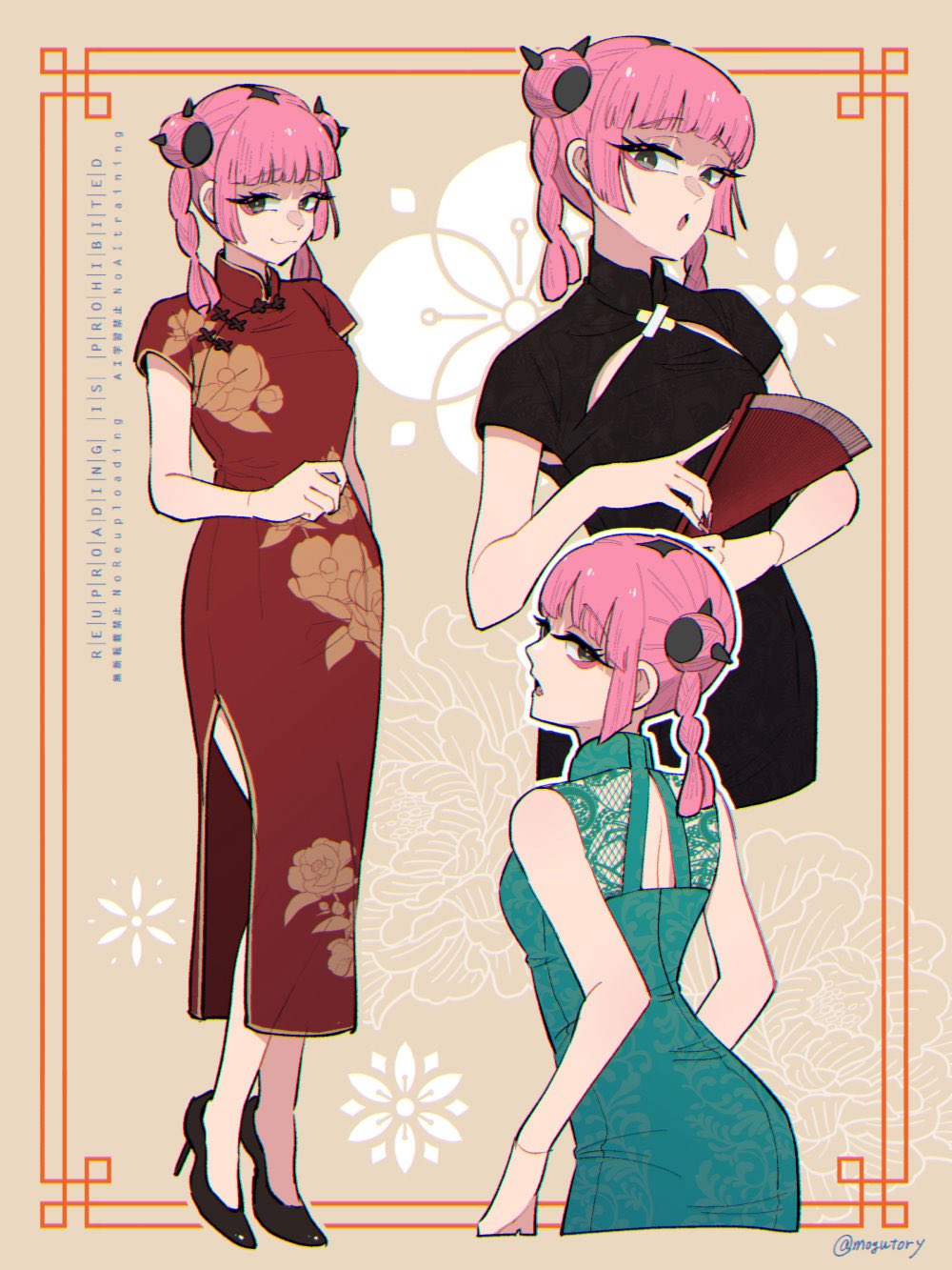 1girl :o alternate_costume alternate_hairstyle black_dress black_eyes black_hair black_shoes blue_dress braid china_dress chinese_clothes closed_mouth coral_(pokemon) double_bun dress eyelashes hair_bun hand_fan high_heels highres holding holding_fan looking_at_viewer mogutory multiple_views nintendo open_mouth pink_hair pokemon pokemon_(anime) pokemon_horizons red_dress shoes short_hair short_sleeves sleeveless sleeveless_dress smile twin_braids