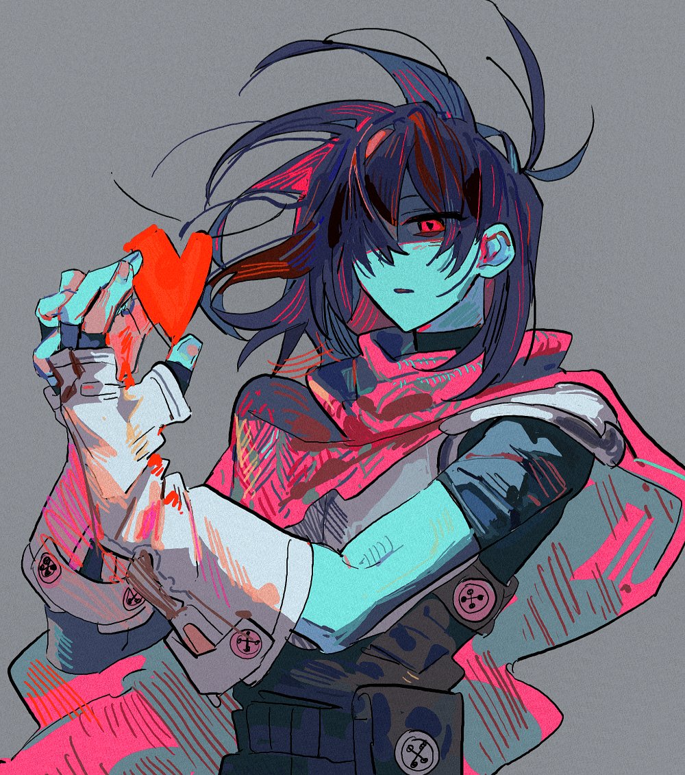 1other armor blue_skin cape colored_skin commentary deltarune fingerless_gloves floating_hair gloves grey_background hair_over_one_eye heart kris_(dark_world)_(deltarune) kris_(deltarune) medium_hair other_focus parted_lips pink_cape red_eyes simple_background solo upper_body white_gloves yaksa_del
