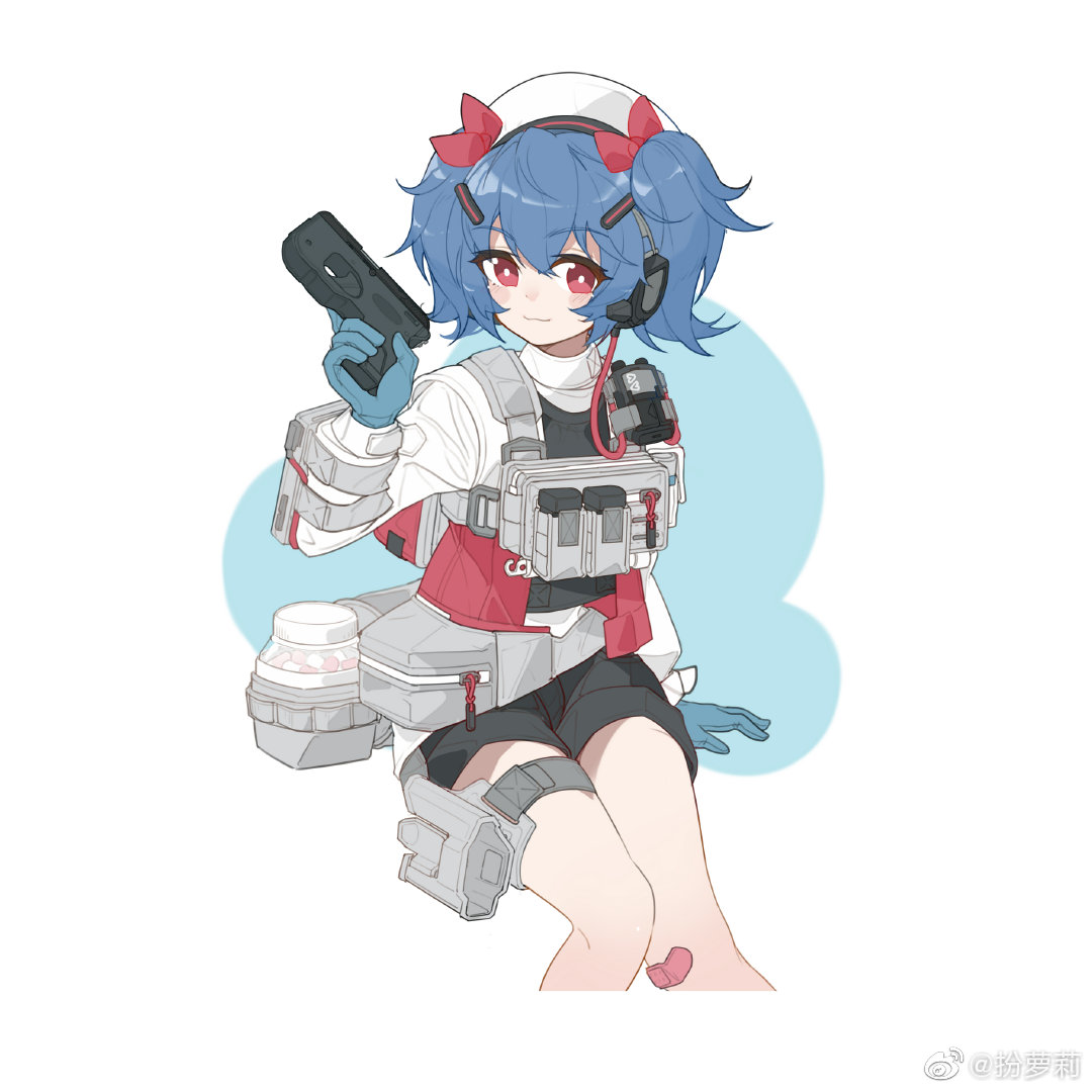 1girl :3 bandaid bandaid_on_leg banluoli black_shorts blue_gloves blue_hair chinese_commentary colphne_(girls'_frontline_2) commentary_request cowboy_shot girls'_frontline girls'_frontline_2:_exilium gloves gun hair_ornament hair_ribbon hairclip handgun hat headset holding holding_gun holding_weapon holster jacket long_sleeves looking_at_viewer pistol pocket_pistol red_eyes red_ribbon ribbon short_hair shorts sitting smile solo taurus_curve thigh_holster twintails watermark weapon weibo_watermark white_background white_hat white_jacket
