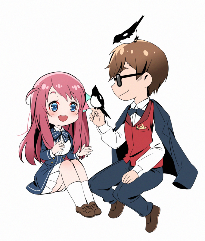 1boy 1girl bird blue_dress blue_eyes bow bowtie brown_footwear brown_hair chibi da_huang dress full_body hair_bow long_hair long_sleeves looking_at_another minamoto_sakura red_hair red_vest shirt shoes simple_background smile socks sunglasses tatsumi_koutarou vest white_background white_shirt zombie_land_saga