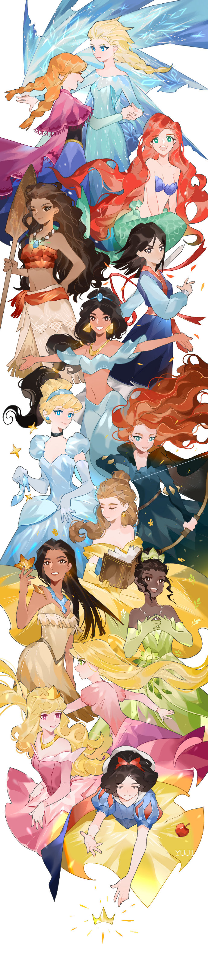 6+girls absurdres aladdin_(movie) anna_(frozen) arabian_clothes ariel_(disney) aurora_(disney) beauty_and_the_beast belle_(disney) black_hair blonde_hair book bow bow_(weapon) brave_(pixar) brown_hair cape chinese_clothes cinderella cinderella_(disney) company_connection crossover dark-skinned_female dark_skin disney dress elsa_(frozen) fa_mulan_(disney) frozen_(disney) hair_bow hairband highres holding_hands jasmine_(disney) jewelry leaf long_hair long_image looking_at_viewer merida_(brave) mermaid midriff moana_(movie) moana_waialiki monster_girl mulan_(movie) multiple_girls native_american navel necklace oar outstretched_arms pocahontas_(disney) pocahontas_(movie) puffy_short_sleeves puffy_sleeves rapunzel_(disney) shell shell_bikini short_sleeves siblings sisters sleeping_beauty smile snow_white_(disney) snow_white_and_the_seven_dwarfs sword tall_image tangled the_little_mermaid_(disney) the_princess_and_the_frog tiana_(the_princess_and_the_frog) tiara very_long_hair weapon yuji_(fantasia)