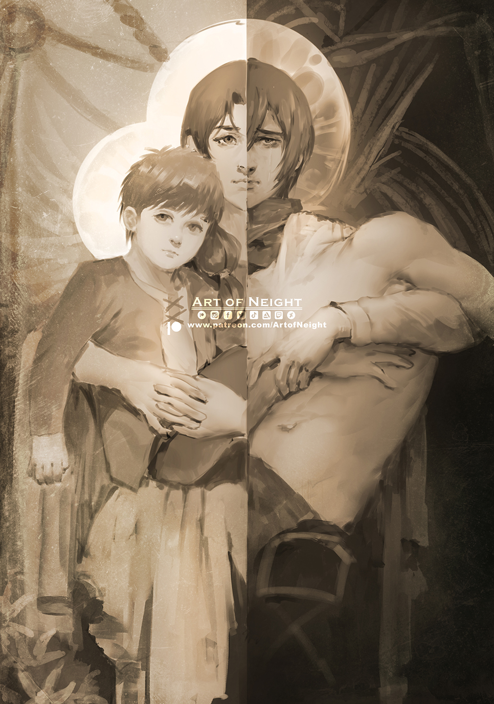 1boy 2girls age_comparison art_of_neight brown_theme carla_yeager carrying carrying_person contrast death decapitation eren_yeager fine_art_parody full_moon headless highres looking_at_viewer mikasa_ackerman moon mother_and_son multiple_girls parody pieta sad shingeki_no_kyojin split_theme spoilers sun symbolism tears tears_from_one_eye