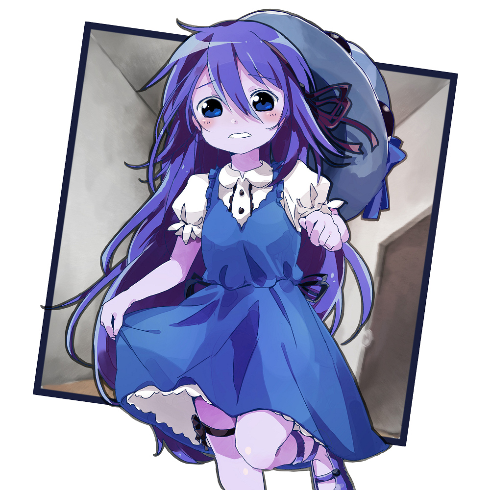 1girl ahoge ao_oni artist_request blue_eyes blue_hair blush colored_skin dress female_focus genderswap genderswap_(mtf) hair_ornament hair_ribbon hat leg_ribbon long_hair matching_hair/eyes personification purple_skin ribbon running sidelocks skirt_hold solo sun_hat the_oni_(ao_oni) thigh_ribbon transparent_background very_long_hair