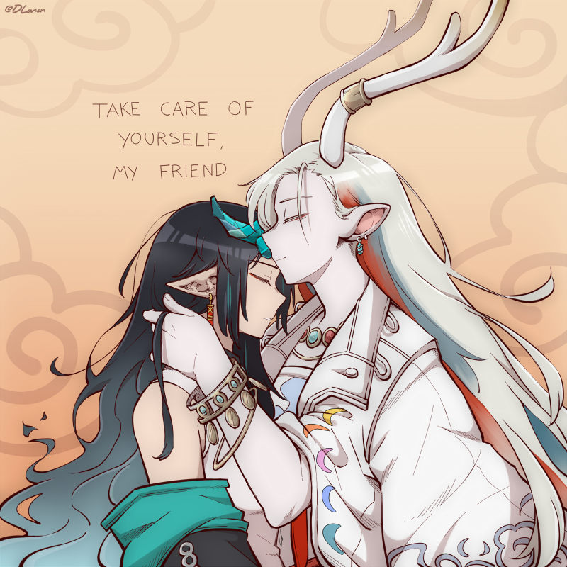 2girls a_deer_of_nine_colors animal_ears antler_ring antlers arknights black_hair black_jacket blue_hair bracelet brown_background closed_eyes deer_antlers deer_ears deer_girl dlanon dragon_girl dragon_horns dress dusk_(arknights) earrings english_text gradient_hair green_hair horns jacket jacket_on_shoulders jewelry long_hair multicolored_hair multiple_girls necklace nine-colored_deer open_clothes open_jacket playing_with_another&#039;s_hair pointy_ears profile red_hair shirt simple_background streaked_hair tassel tassel_earrings twitter_username upper_body white_dress white_hair white_jacket white_shirt yuri