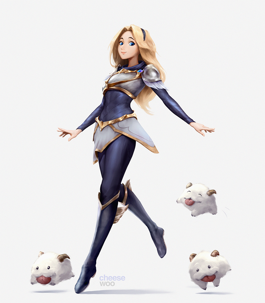 1girl armor artstation_username blonde_hair blue_eyes bodysuit boots breastplate cheesewoo faulds full_body hairband highres jumping league_of_legends lips looking_at_viewer lux_(league_of_legends) open_hands poro_(league_of_legends) shadow shoulder_armor simple_background skipping standing standing_on_one_leg white_background winged_footwear