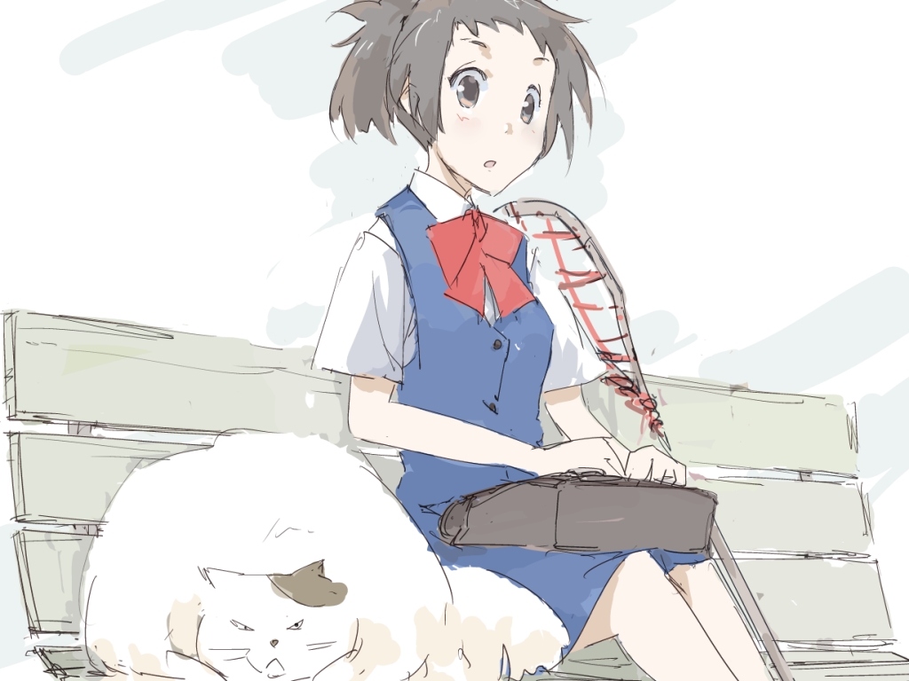 1girl :&lt; :o bow bowtie brown_eyes brown_hair cat fat fat_woman feste lacrosse_stick messy_hair muta_(neko_no_ongaeshi) neko_no_ongaeshi on_bench parted_lips red_bow red_bowtie school_uniform short_hair simple_background sitting white_cat yoshioka_haru