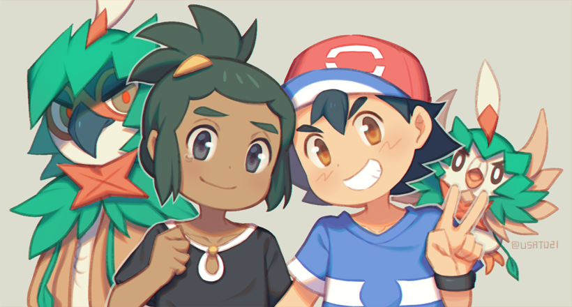 2boys ash_ketchum black_hair black_shirt blue_shirt brown_eyes closed_mouth commentary_request cosplay dark-skinned_male dark_skin decidueye decidueye_(cosplay) gen_7_pokemon green_hair grey_background grin hand_up hat hau_(pokemon) looking_at_viewer male_focus multiple_boys nintendo pokemon pokemon_(anime) pokemon_sm_(anime) ponytail red_headwear rowlet shirt short_ponytail short_sleeves smile t-shirt tearing_up teeth upper_body v wristband wusagi2