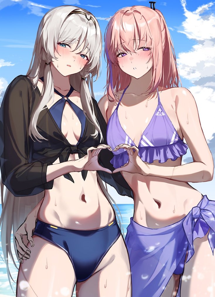 2girls 3_small_spiders alternate_costume an-94_(girls&#039;_frontline) aqua_eyes bikini black_hairband blonde_hair blue_bikini blue_sky blush breasts cloud collarbone commentary_request double_finger_heart finger_heart girls&#039;_frontline hairband long_hair looking_at_viewer multicolored_hair multiple_girls navel ocean open_mouth pink_hair purple_bikini purple_eyes purple_hair purple_sarong sarong sky small_breasts st_ar-15_(girls&#039;_frontline) stomach streaked_hair swimsuit two-tone_hair wet
