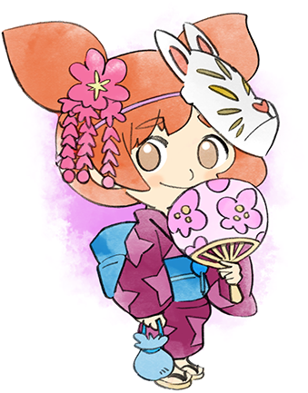 1girl ana_(warioware) bag child double_bun flower fox_mask hair_bun hair_flower hair_ornament hand_fan holding holding_bag japanese_clothes kimono looking_at_viewer lowres mask mask_on_head nintendo official_art orange_hair smile star_(symbol) star_print takeuchi_kou third-party_source warioware warioware:_get_it_together! yukata
