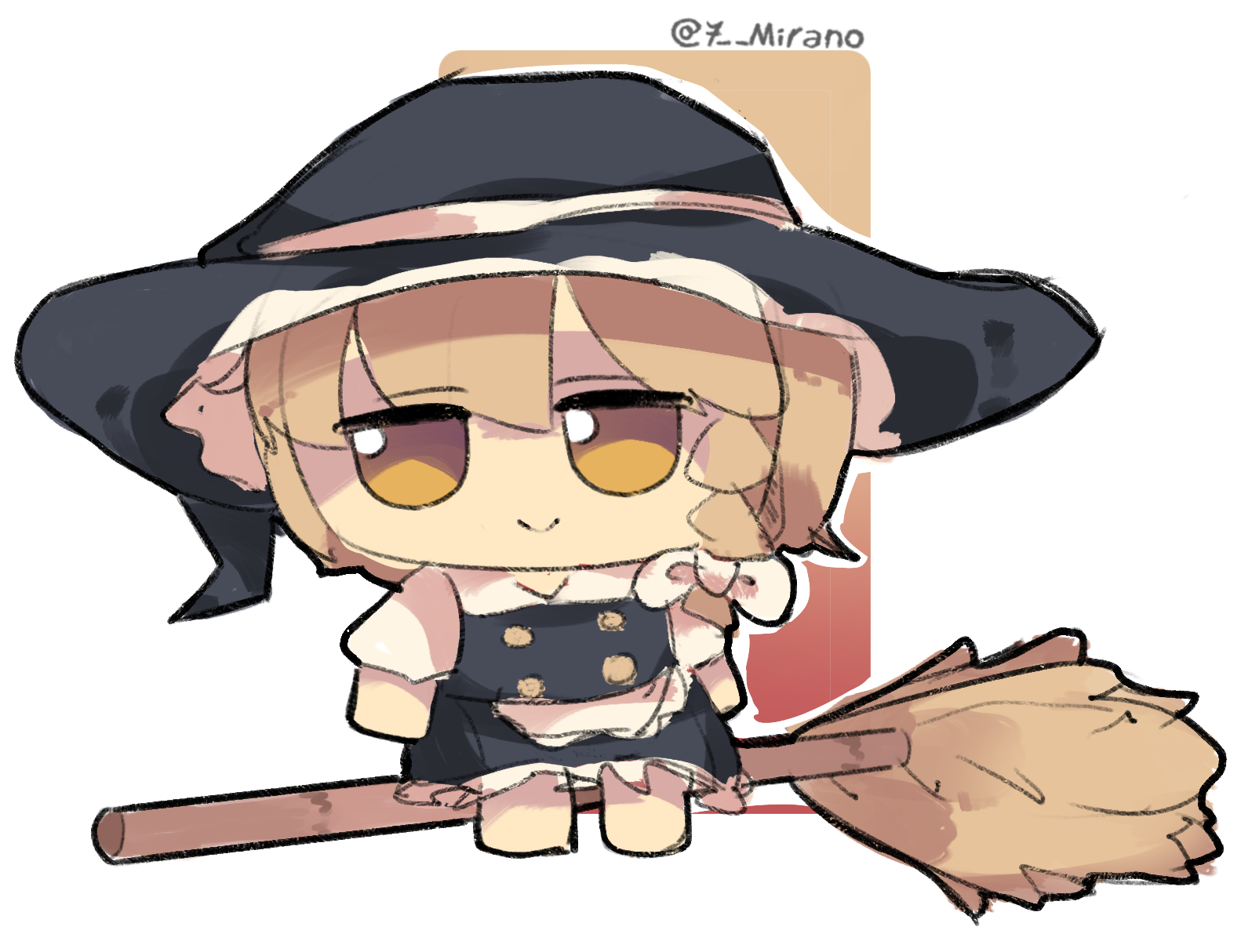 7-mirano apron barefoot blonde_hair bow braid broom broom_riding character_doll doll fumo_(doll) hair_bow hat hat_bow highres kirisame_marisa side_braid single_braid smile touhou waist_apron witch_hat yellow_eyes
