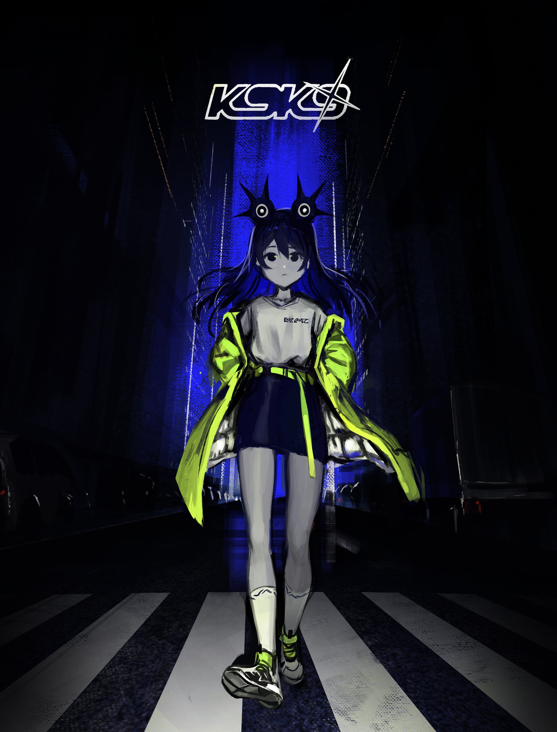 1girl absurdres alien artist_name belt birthday blue_eyes blue_hair blue_skirt borrowed_character city closed_mouth clothes_writing coat collarbone colored_skin commentary crosswalk dark double-parted_bangs expressionless extra_eyes floating_clothes floating_hair full_body gift_art green_belt green_coat green_shoes grey_skin hair_between_eyes hair_spread_out hands_in_pockets high_tops highres kneehighs logo long_eyelashes long_hair long_legs long_sleeves looking_at_viewer miniskirt multicolored_shoes no_pupils off_shoulder open_clothes open_coat original pavement print_shirt print_socks quilted_coat road shirt shirt_tucked_in shoes sidelocks skirt sneakers socks solo standing street t-shirt thick_eyelashes thighs two-sided_coat two-sided_fabric two-tone_shoes vertigris walking white_coat white_shirt white_shoes white_socks