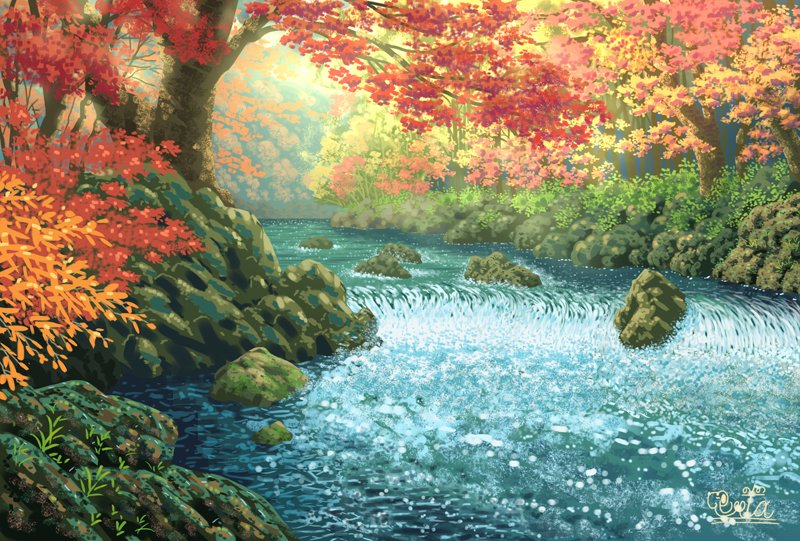 autumn autumn_leaves commentary_request day forest leaf nature no_humans original outdoors river rock scenery signature suupii tree water