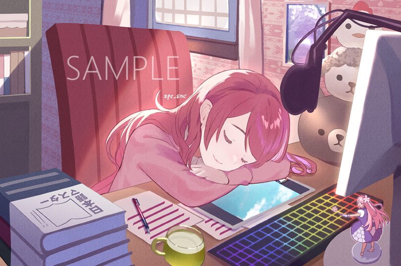 1girl book bookshelf closed_eyes commission cup drawing_tablet figure hair_behind_ear indie_virtual_youtuber computer_keyboard mechanical_pencil monitor nina_saotome pencil red_hair sample_watermark sleeping smile solo sonica stuffed_toy teacup virtual_youtuber watermark window