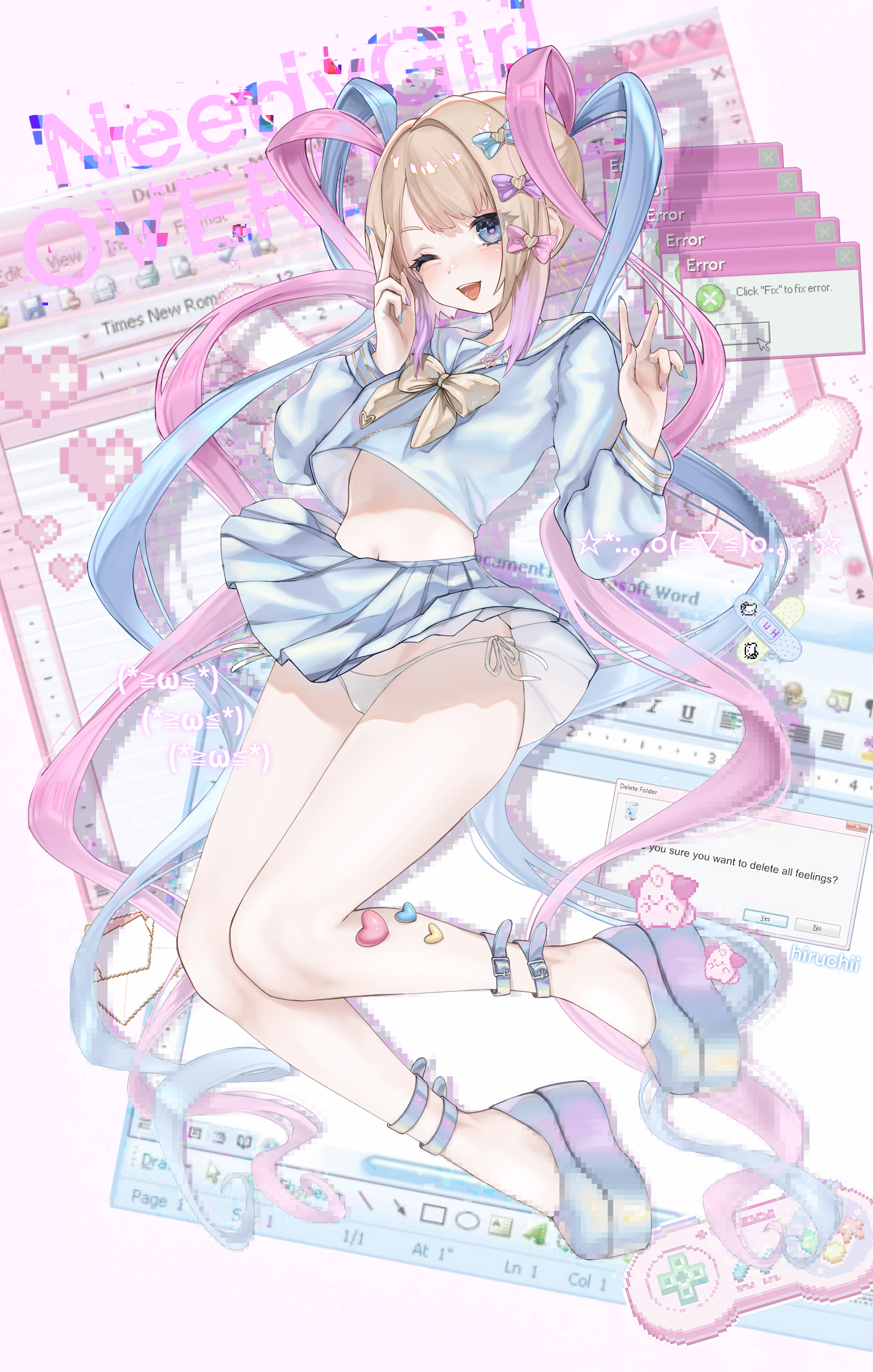 1girl absurdres ankle_belt blue_bow blue_eyes blue_hair blue_nails blue_serafuku blush bow chouzetsusaikawa_tenshi-chan clothes_lift controller double_v emoticon error_message full_body game_controller grey_hair hair_bow hair_ornament heart heart_hair_ornament highres hiruchii_(hiruruchyan) kaomoji long_hair long_sleeves microsoft_word multicolored_hair multicolored_nails multiple_hair_bows nail_polish navel needy_girl_overdose one_eye_closed open_mouth panties pink_bow pink_hair pink_nails pixelated platform_footwear pleated_skirt purple_bow quad_tails sailor_collar school_uniform serafuku side-tie_panties skirt skirt_lift solo super_famicom_gamepad underwear v very_long_hair white_panties window_(computing) yellow_nails