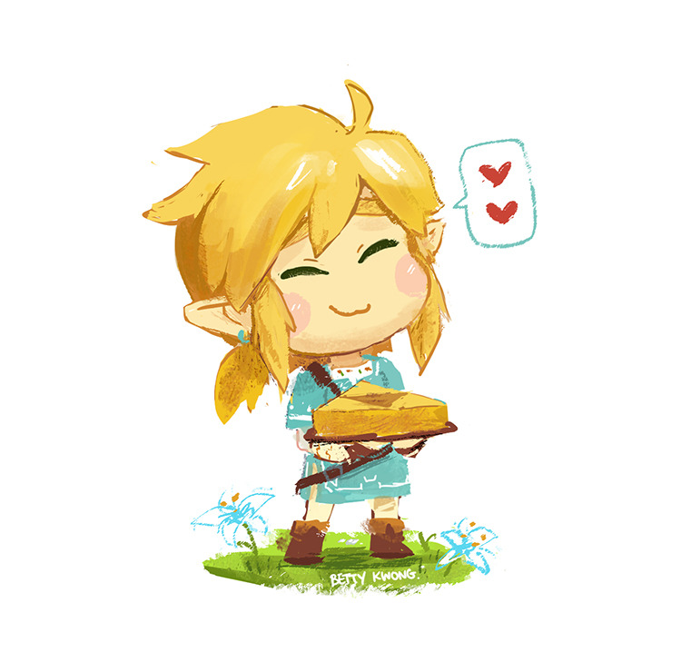 bettykwong blonde_hair blue_skirt blush cake earrings food heart jewelry link nintendo silent_princess skirt smile solo spoken_heart the_legend_of_zelda the_legend_of_zelda:_breath_of_the_wild triforce