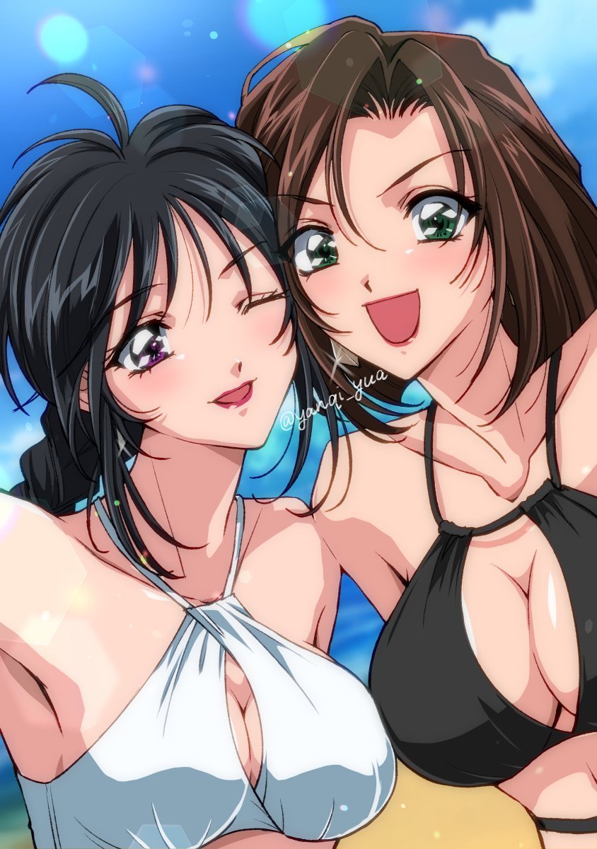 2girls ahoge beach bikini black_hair blue_sky blurry braid breasts cleavage cloud day depth_of_field green_eyes heart highres kobayakawa_miyuki large_breasts lips long_hair multiple_girls outdoors purple_eyes short_hair single_braid sky swimsuit taiho_shichauzo tsujimoto_natsumi twitter_username upper_body white_bikini yanqi