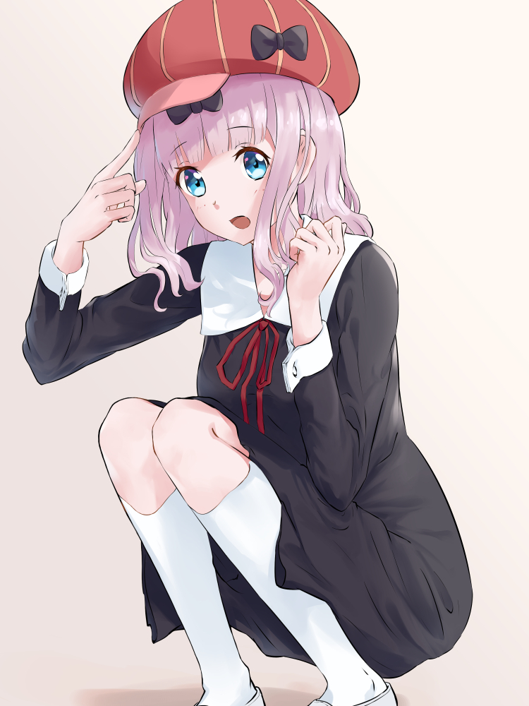 1girl black_bow blue_eyes bow cabbie_hat chikattochikachika_(kaguya-sama_wa_kokurasetai) commentary female_focus fujiwara_chika hair_bow hat kaguya-sama_wa_kokurasetai_~tensai-tachi_no_renai_zunousen~ keroroxzz kneehighs long_hair pink_hair pointing pointing_at_self red_ribbon ribbon school_uniform shoes shuuchiin_academy_school_uniform simple_background socks solo squatting uwabaki white_socks